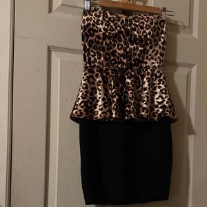 Foreign Exchange Strapless Peplum Dress in Leopard Print Black & Brown